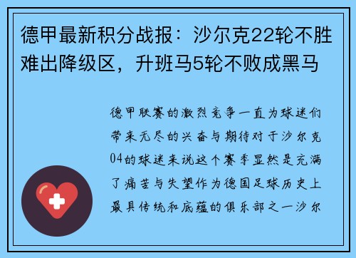 德甲最新积分战报：沙尔克22轮不胜难出降级区，升班马5轮不败成黑马