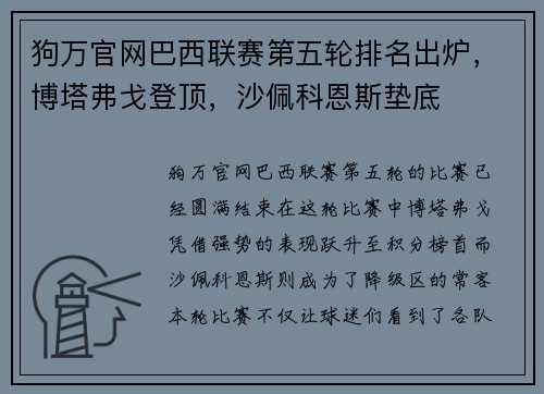 狗万官网巴西联赛第五轮排名出炉，博塔弗戈登顶，沙佩科恩斯垫底