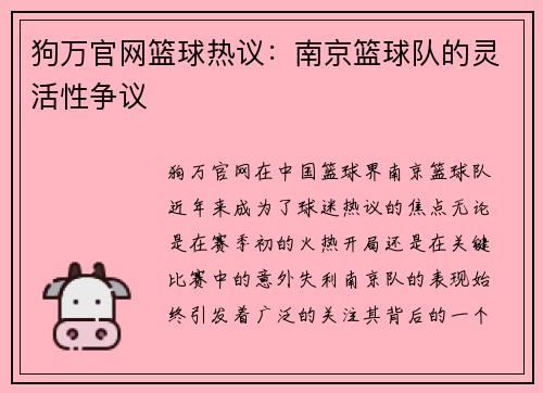 狗万官网篮球热议：南京篮球队的灵活性争议