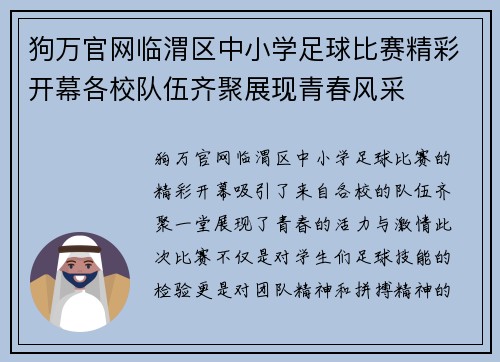 狗万官网临渭区中小学足球比赛精彩开幕各校队伍齐聚展现青春风采