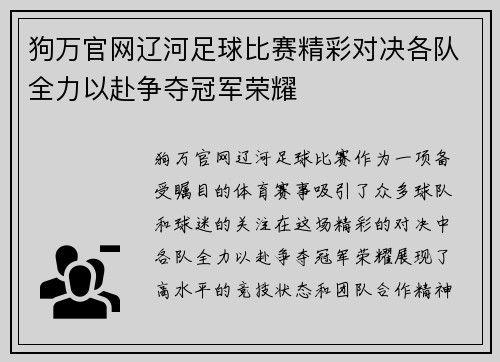 狗万官网辽河足球比赛精彩对决各队全力以赴争夺冠军荣耀
