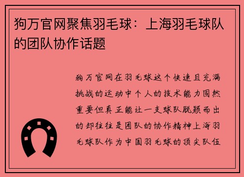 狗万官网聚焦羽毛球：上海羽毛球队的团队协作话题