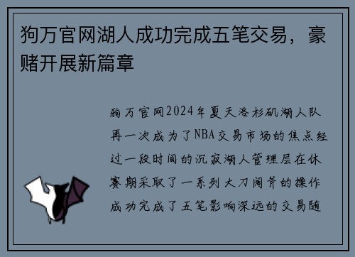 狗万官网湖人成功完成五笔交易，豪赌开展新篇章